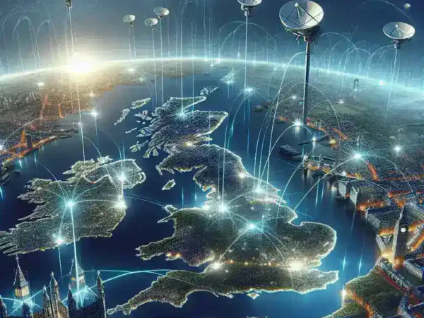 "Satellite broadband installation technician setting up equipment on a roof in the UK, symbolizing the growth of satellite internet services transforming digital connectivity across the country."