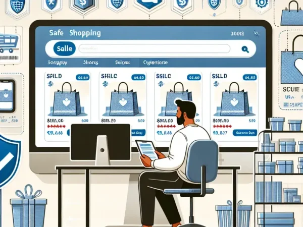 "Shopping safely on Prime Day: A person using a secure connection on their laptop with a shopping cart and padlock symbol, representing cybersecurity best practices for online shopping."
