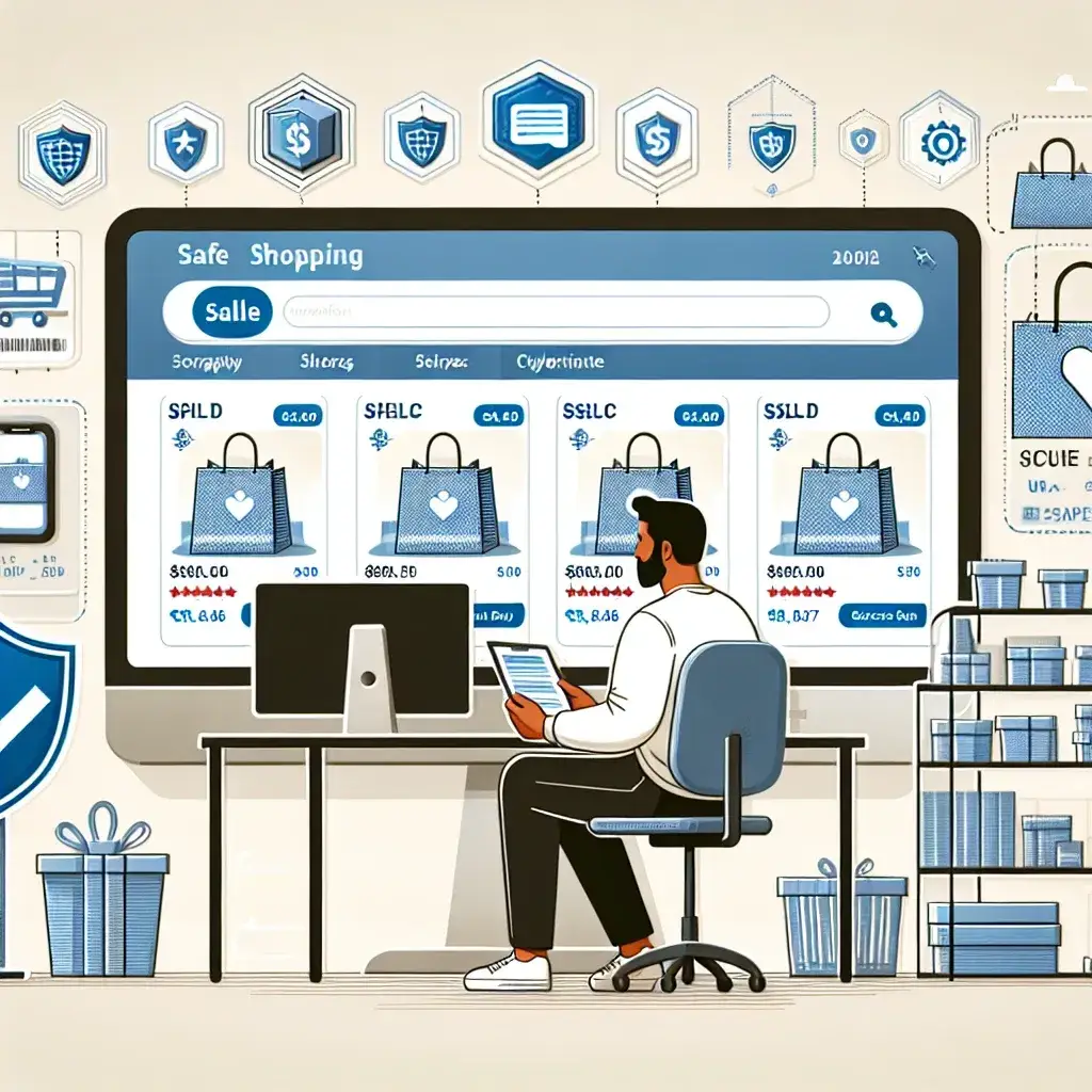 "Shopping safely on Prime Day: A person using a secure connection on their laptop with a shopping cart and padlock symbol, representing cybersecurity best practices for online shopping."