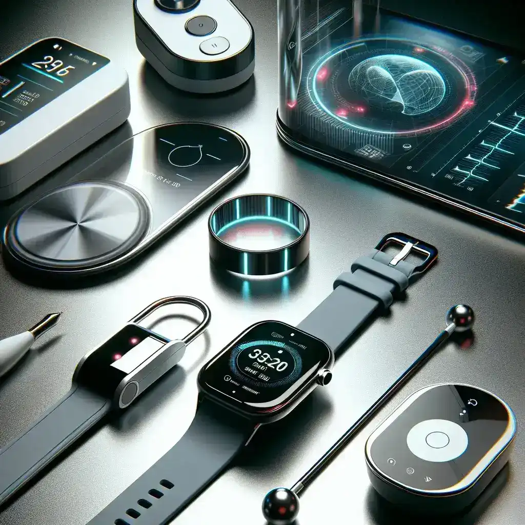 "Cutting-edge health tech devices showcased in a home setting, including a smart wearable fitness tracker, a digital health monitor, and an innovative sleep quality analyzer, highlighting modern solutions for enhanced wellbeing and wellness optimization."