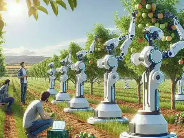 "Image of advanced agricultural robots harvesting delicate fruit crops with precision in a field, showcasing innovation in automated farming technology for optimal yield and efficiency."