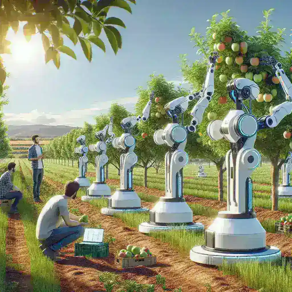 "Image of advanced agricultural robots harvesting delicate fruit crops with precision in a field, showcasing innovation in automated farming technology for optimal yield and efficiency."