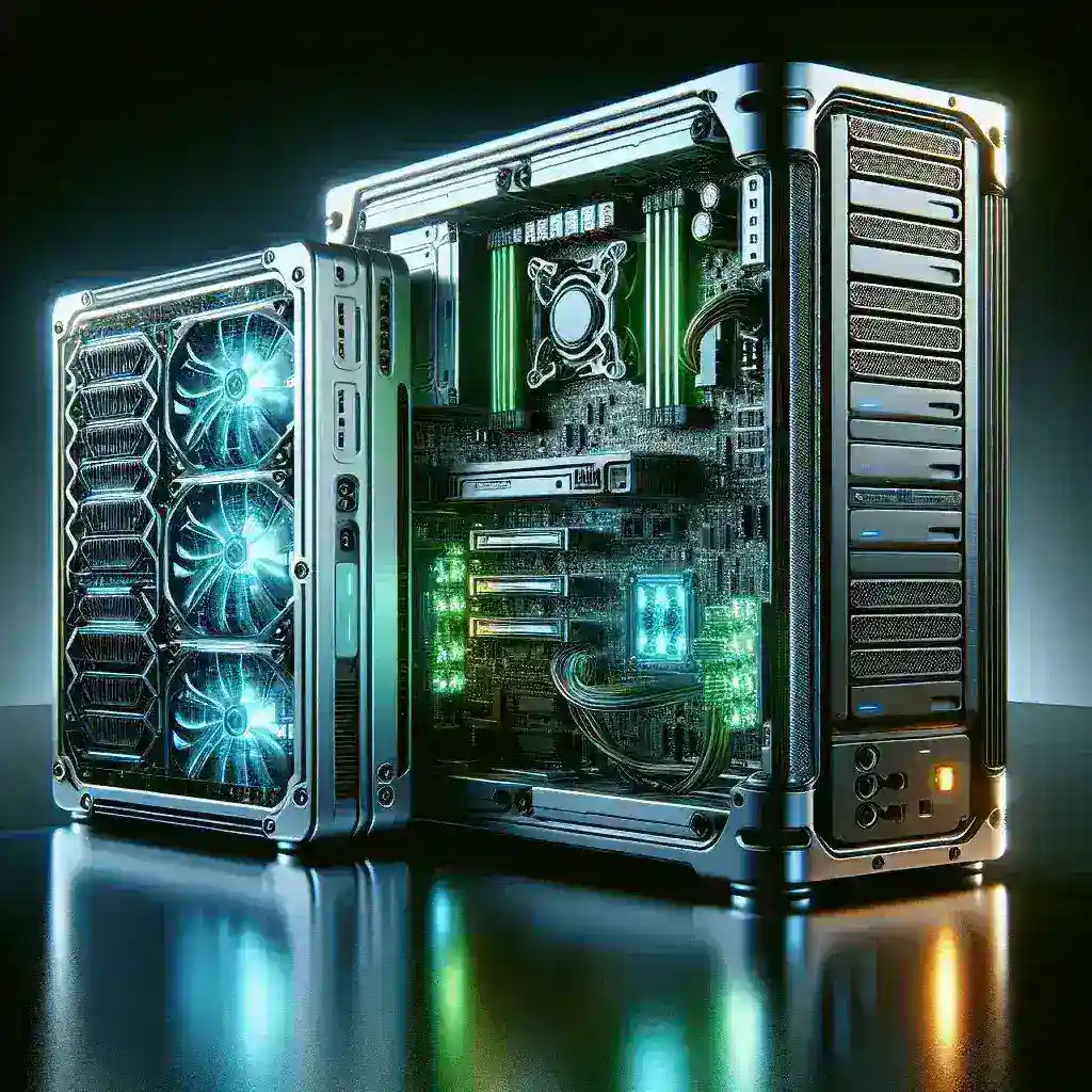 "Image of the Nvidia DGX Spark Mini PC alongside the DGX Station Super Workstation, showcasing cutting-edge design and advanced computing technology for AI and deep learning applications."