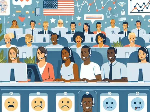 "Zoom Testing Emotion Recognition AI Tools for U.S. Call Centers - Image of diverse call center agents using advanced AI technology to analyze customer emotions during phone interactions."