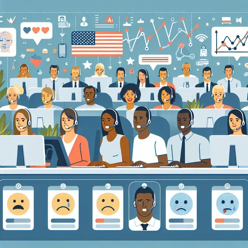 "Zoom Testing Emotion Recognition AI Tools for U.S. Call Centers - Image of diverse call center agents using advanced AI technology to analyze customer emotions during phone interactions."
