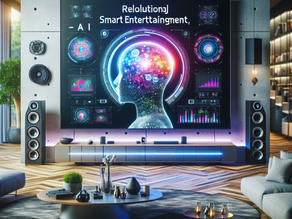 "Modern television set displaying revolutionary AI enhancements for smarter entertainment experiences, featuring advanced user interface and immersive viewing options."