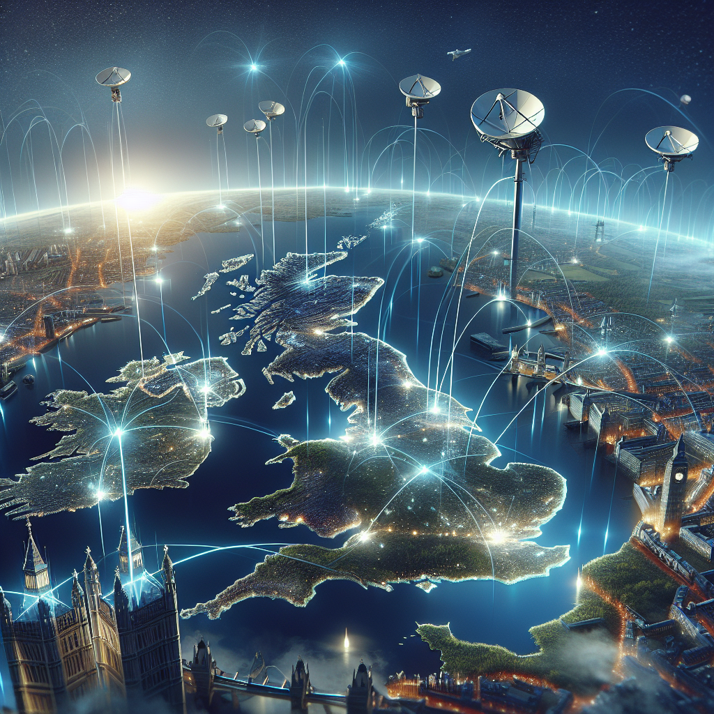 "Satellite broadband installation technician setting up equipment on a roof in the UK, symbolizing the growth of satellite internet services transforming digital connectivity across the country."