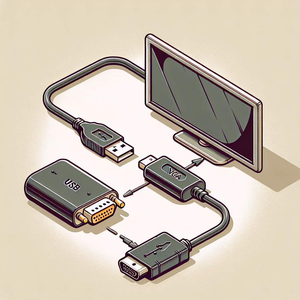 "USB to VGA adapter connected to a television, demonstrating compatibility and usability for streaming and displaying content from a computer onto a TV screen."